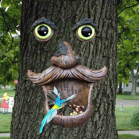 Mangeoire Pour Oiseaux - Statue En Résine Forme De Tronc D Arbre Avec Visage - Extérieur Jardin - 1 Pièce (1/5)