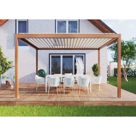 Pergola Bioclimatique Aluminium Autoportante Aspect Bois 4x3,5 Manuelle S ORIAL France (1/5)