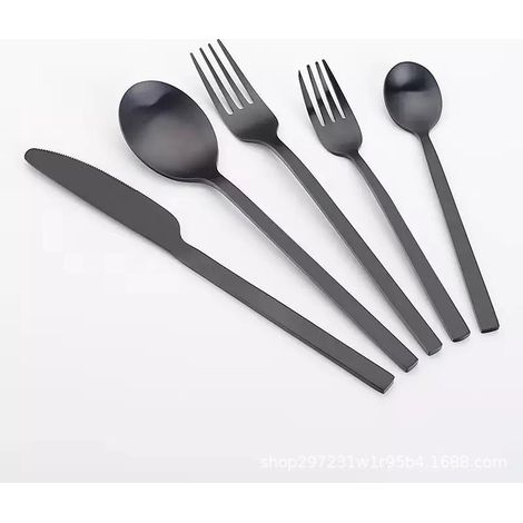 Coffret de 10 couverts mat noir, service pour 2 personnes en acier inoxydable, ensemble de couverts métalliques avec fourchettes, cuillères et couteaux, ustensiles de table élégants et durables. (1/3)