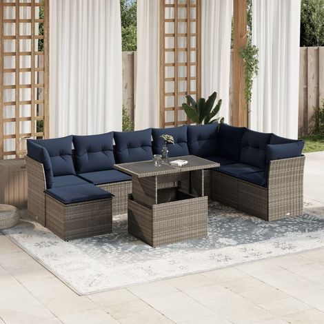 9-teiliges Gartensofa-Set mit Kissen, grau, Polyrattan (1/5)