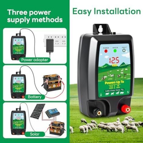 Dispositif de clôture électrique 12 V avec affichage LED, portée 15 km, 2 Joules, 12 kV, pour la protection des animaux de ferme, de la volaille, des pâturages et des jardins (1/5)