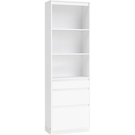 Bibliothèque, Armoire Haute, Buffet, 3 Tiroirs, Étagères Réglables, Hauteur 180 cm, pour Salon, Chambre, Bureau, Moderne, Gain de Place, Blanc Neige (1/5)