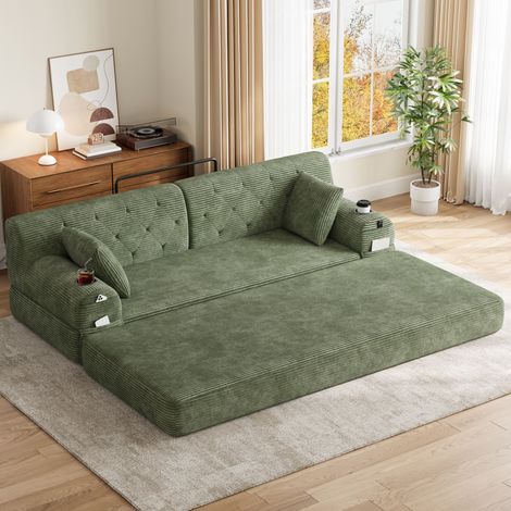 Divano Letto a 3 Posti, Divano in Corduroy Compresso con Schienale Alto, Struttura in Metallo, Schiuma ad Alta Densità, 2 Portabicchieri e 4 Tasche Laterali, Adatto per Soggiorno e Spazi Piccoli, Verd (1/5)
