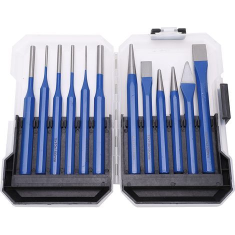 12Pcs Burin Punch Kit Conique Cylindrique Plat Type Bleu Poignée Outils de Gravure et de Poinçonnage avec une Serrure de Boîte en Plastique pour la Maintenance Technique (1/5)
