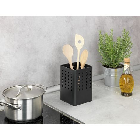WENKO Porta utensili Silio, un comodo porta utensili da cucina in metallo termolaccato con forme moderne, angolari e motivo perforato, (l x a x p): 11,5 x 16,5 x 11,5 cm, nero opaco (1/5)