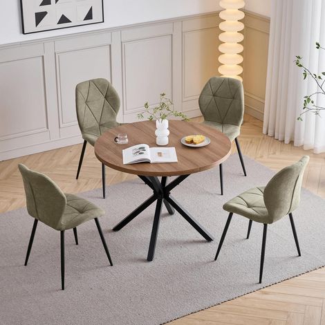 Esstisch-Set mit 4 Stühlen, 100 cm runder Holztisch, Leinenstühle, Küche/Esszimmer (1/5)