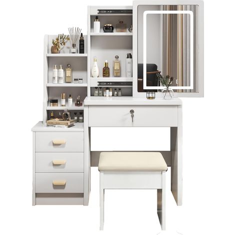 CHICFURN Toeletta 85x36x130 cm in MDF bianco con specchio LED, 4 cassetti, con sgabello (1/5)