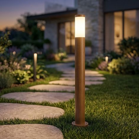 Lampadaire, lampe d'extérieur, lampe de jardin, lampadaire, lampe de chemin, terrasse IP44, acier inoxydable aspect bois, 1x douille E27, DxH 12,7x110 cm (1/4)