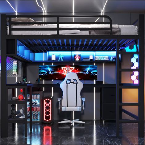 Letto a soppalco in metallo 140 x 200 cm con scrivania, scaffali, armadio, USB e LED, nero (1/5)