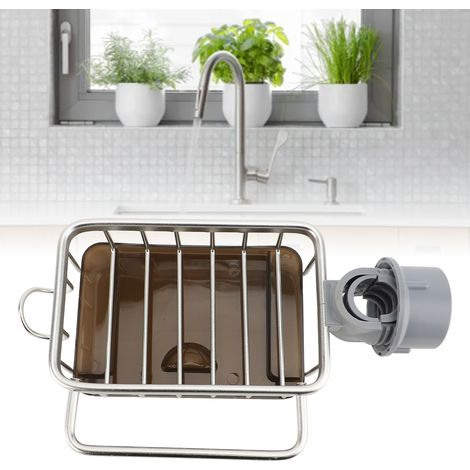 Porte-accessoires pour robinet de cuisine Organisateur multifonction avec barre suspendue et bac de drainage en aluminium épais Argent gauche (1/5)