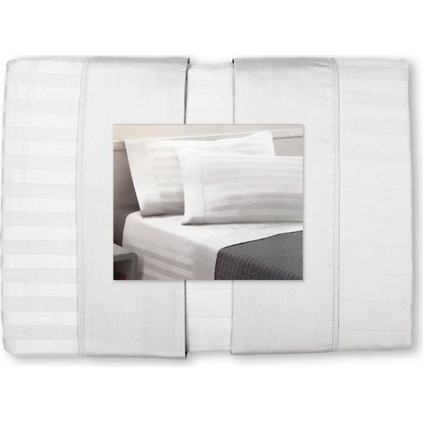 Completo Lenzuola Matrimoniali Cotone Bianco Levante, Set Lenzuola Letto Matrimoniale, Raso Puro Cotone Rigato (1/5)