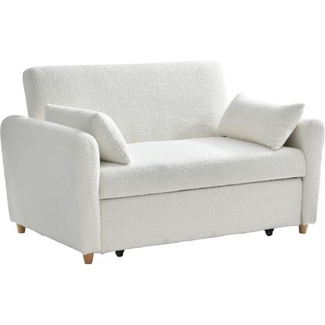 Canapé 2 places convertible en tissu bouclette blanc AYLA (1/5)