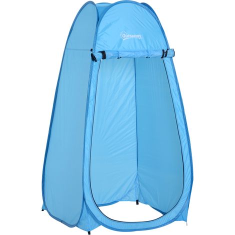 Tente de douche pop-up bleue, portable et pliable, anti-UV, avec sac de transport inclus, idéale pour plage, pêche, randonnée, bain et extérieur.