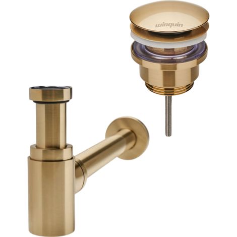 Bonde lavabo universelle vis centrale WIRQUIN Quick clac Doré brossé + Siphon lavabo WIRQUIN Linéis Mini Doré brossé