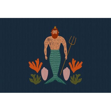 Papier peint panoramique maritime graphique Tapisserie panoramique mer bleue marine avec corail Papier peint panoramique chambre enfant homme poisson (1/2)