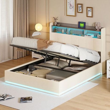Cama Doble 140x190 - Cofre Hidráulico - LEDs RGB - Cabecera con USB - Terciopelo Blanco