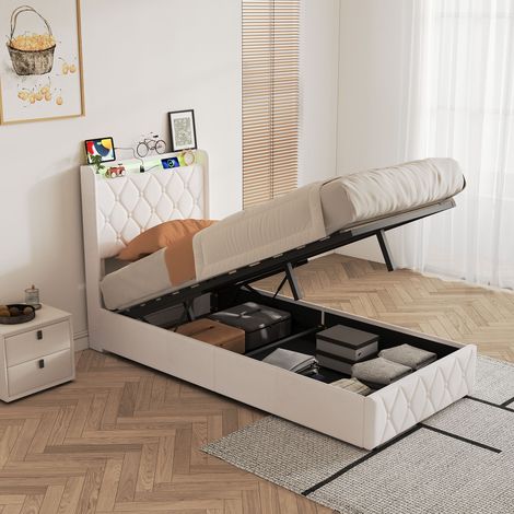 Lit coffre 90x200, lit 90x200, lit 1 place, lit une place capitonné en velours avec rangement hydraulique, sommier à lattes, système RGB d’ambiance, USB et Type-C, Beige (1/5)