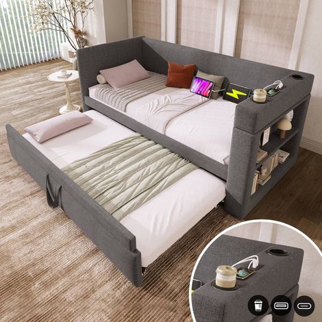 Lit banquette gigogne 90 x 190 cm avec usb, usb-c et porte-gobelet, sommier à lattes, tissu gris, sans matelas (1/5)