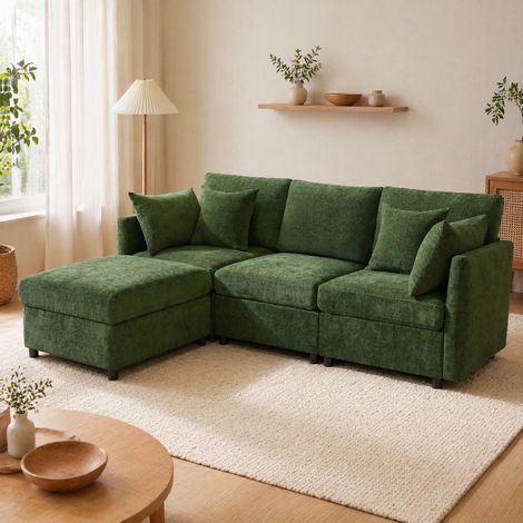 Canapé d’angle modulaire 216x161x81 cm vert en chenille avec pouf mobile et 4 coussins (1/5)