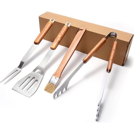 Lot de 4 ustensiles barbecue en acier inoxydable avec spatule, fourchette, pince, pinceau, barbecue, cuisine plein air, pinces et spatules -