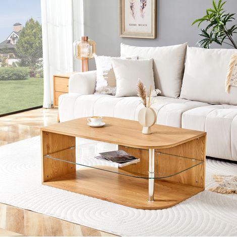 Tavolino da salotto con contenitore, 100 x 60 x 42 cm, MDF e vetro, effetto legno naturale DESVIAE (1/5)