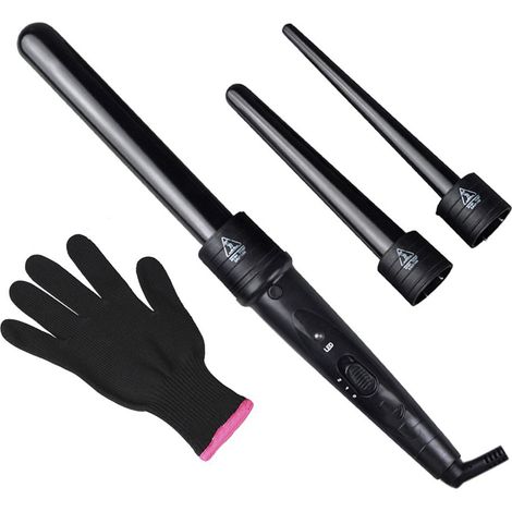Jeu de fer à friser 3-en-1, baguette ondulatrice, boucleur à cheveux avec barils en céramique interchangeables et gant (noir) (1/5)