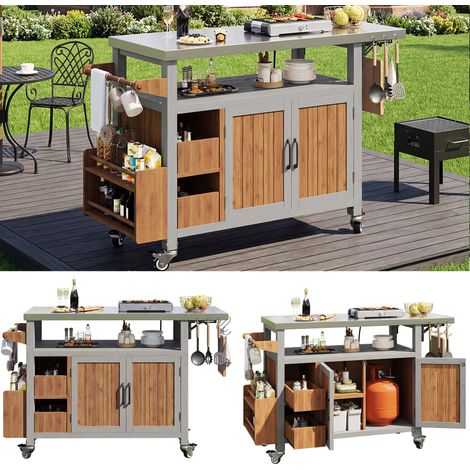 Desserte barbecue extérieure mobile bois massif plateau inox étagère coulissante crochets rangement épices et accessoires jardin (1/5)