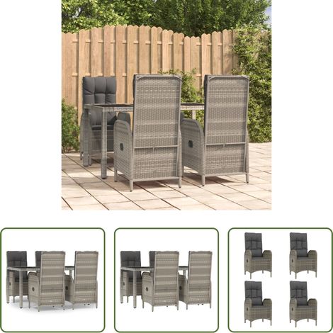 Gartenessgruppe - 5-tlg. Garten-Essgruppe mit Kissen Grau Poly Rattan (1/5)