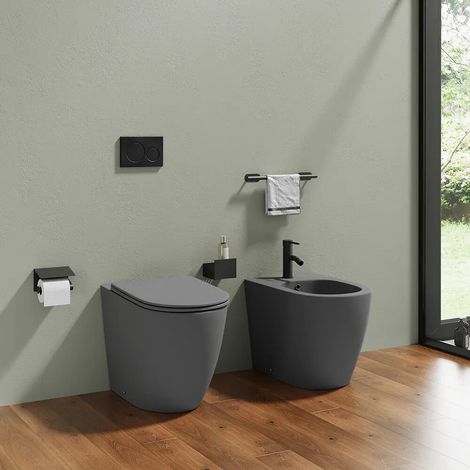 Sanitari filo muro vaso rimless traslato bidet e copri wc grigio opaco Europa