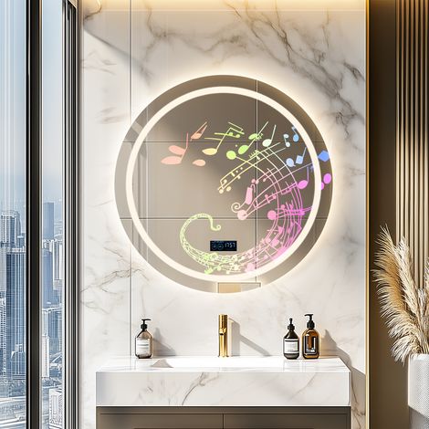 Smart LED Illuminated Fog-free Large Bathroom Mirror with Bluetooth Speakers, Time and Date Digital Display - Round 800mm (1/5)