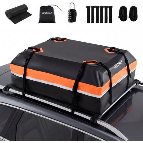 Coffre de Toit Voiture Étanche 450 L, avec Tapis Antidérapant 6 Crochets de Porte Verrou, Sac de Transport, pour Véhicules avec/sans Galerie (Orange) (1/5)