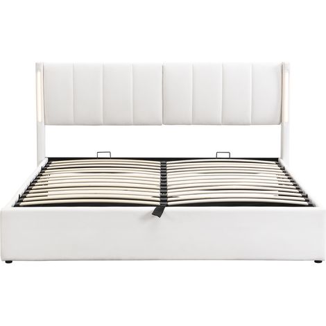 Lit double LED 160 x 200 cm en PU blanc avec rangement, port USB et tête de lit réglable (1/5)