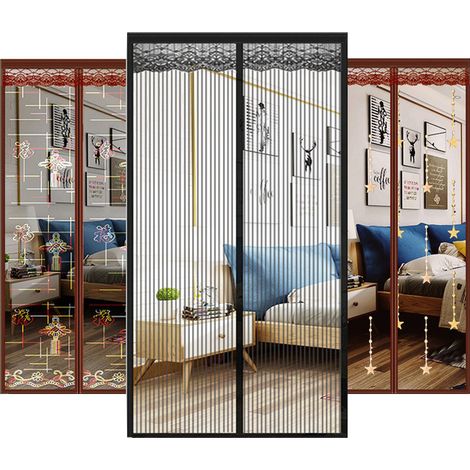 Porte moustiquaire magnétique 150x240cm, rideau anti-insectes en fibre de verre, moustiquaire aimantée à fermeture automatique, sans perçage, couleur noire (1/5)