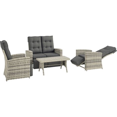 4 Piece Rattan Garden Furniture Set Outdoor Sofa Sectional Set with Glass Top Table for Poolside, Light Grey