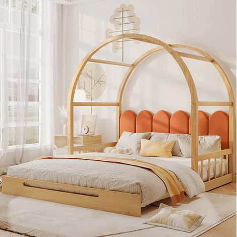 Lit enfant extensible 151/210/170 cm naturel et orange en bois massif et MDF avec toit voûté (1/5)