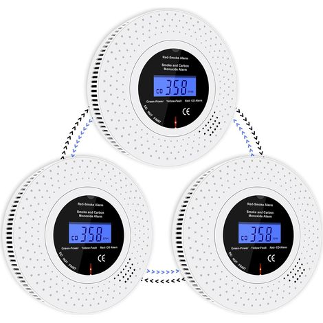 Détecteur de Fumée et de Monoxyde de Carbone Interconnecté sans Fil, Pile AA Remplaçable Incluse, Alarme avec Écran LCD, Lot de 3 (1/5)