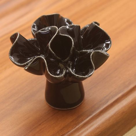 Poignée de meuble en céramique fleur pour porte tiroir placard armoire, poignée de tirage quincaillerie (Noir)