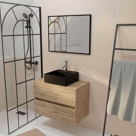 meuble salle de bains 80cm 2 tiroirs chêne naturel + vasque carrée noire 41x41cm et miroir 60x80cm (1/4)