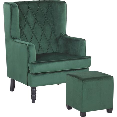 Sillón con reposapiés tapizado en tela de terciopelo verde con patas de madera butaca silla orejera Sandset (1/5)