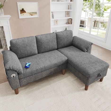 Divano angolare a 3 posti con vano contenitore, porte USB e Type-C, chaise longue reversibile, 181x125x88 cm, ciniglia grigio chiaro (1/5)