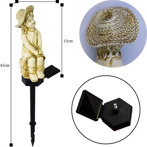 Lámpara de jardín solar para exteriores, que incluye una figura decorativa de ángel de resina para un jardín paisajístico de estilo europeo (niña con sombrero de paja). (1/5)