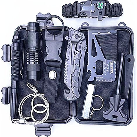 Kaelt - Kit de survie 12 en 1 camping en plein air randonnée d'urgence, lampe de poche boussole bracelet de survie et autres outils d'auto-assistance. (1/4)