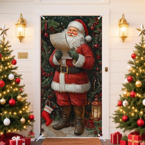 Décorations de Noël 2026 - Drapeaux, nœuds, décorations de Noël, rideaux de porte - 90 x 190 cm (taille élastique) - QL-38