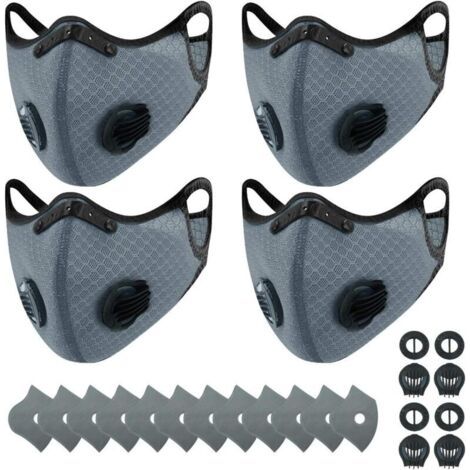 4 masques anti-poussière de sport + 12 filtres à charbon actif, réutilisables, travail du bois, tonte et course, cyclisme gris (1/4)