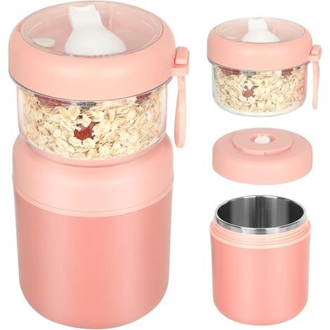 Vaso portátil para yogur, vaso de acero inoxidable para cereales, vaso térmico para yogur, cereales y leche, 530 ml + 330 ml, rosa (1/5)