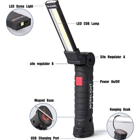luz de trabajo LED, recargable, base magnética, cabezal giratorio de 360°, resistente al agua IPX4, para garaje y camping. (1/5)