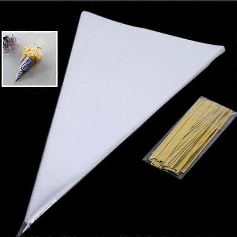Sachets coniques transparents en cellophane avec attaches dorées, forme triangulaire, parfaits pour Halloween, Noël, les friandises, les chocolats, les bonbons et le popcorn. (1/5)