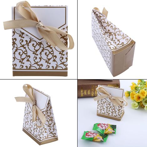 10 Stück süße Geschenktüten mit Schleife für Hochzeitsfeiern, Bonbonpapierboxen, Goldfarben (1/4)