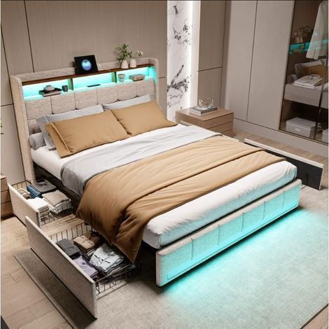 Bett für 2 Personen - Doppelbett 140x190 - Beige Leinenstoff - LED RGB & USB/Type-C-Anschlüsse - 4 Metallschubladen (1/5)