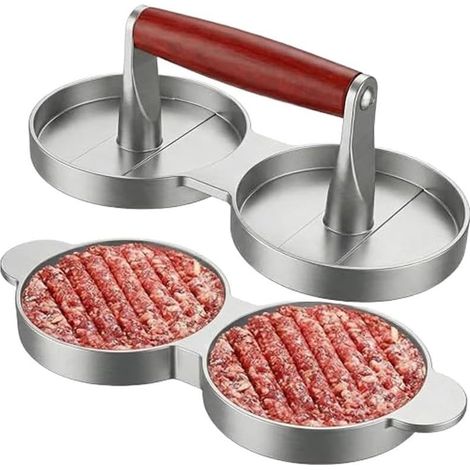 Pressoir à viande - alliage d'aluminium - modèle double rond avec manche en bois  Convient pour la cuisine, les hamburgers, les tartelettes et le barbecue (1/5)